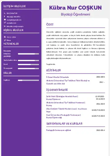 Biyoloji Öğretmeni CV Örnekleri cv indir